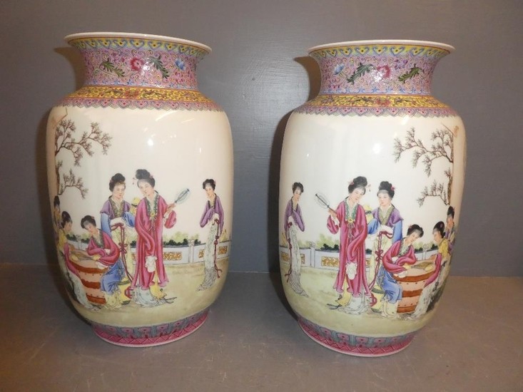 Pair of Republic bulbous vases decorated with ladies in a ga...