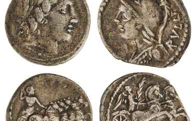 Pair of Roman Republican AR Denarii. Anonymous, ca. 86 BC. Wreathed head of Apollo right, rev....