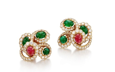 Pair of Ruby, Emerald and Diamond Ear Clips | M. Gérard | 紅寶石、祖母綠配鑽石耳夾, M. Gérard