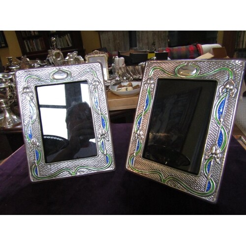 Pair of Solid Silver Enamel Decorated Photograph Frames Each...