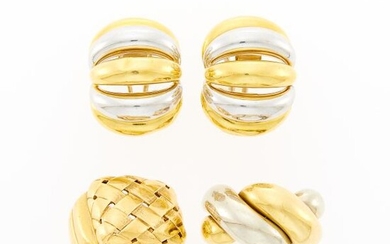 Pair of Two-Color Gold Earrings, Ring and Gold Ring