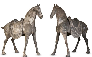 Pair of horses with removable saddle. Grey terracotta...