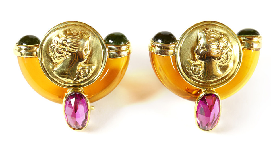Pair of multi-stone, 14k yellow gold earrings