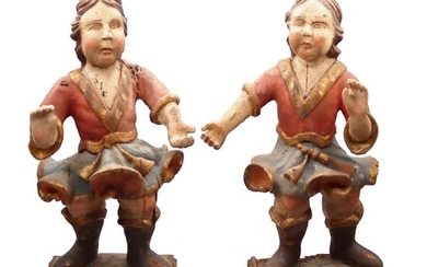 Pair of polychrome wood carvings (48 cm. - 19 inches) - Wood - Late 18th century