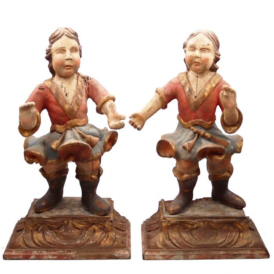 Pair of polychrome wood carvings (48 cm. - 19 inches) - Wood - Late 18th century