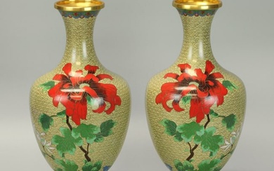 Pair of vintage Chinese cloisonne vases with flowers