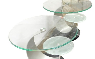 Pair ultra modern glass, marble, bent steel side tables
