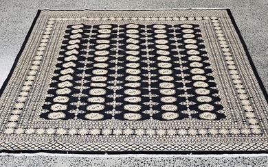 Pakistani fine hand knotted wool Bokhara carpet in cream & black tones 305 x 251cm