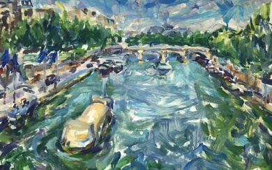 Paris in the Summer, Large French Impressionist Oil River Seine Landscape 20TH CENTURY