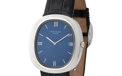 Patek Philippe. Iconic and Very Attractive Ellipse in White Gold, Reference 3589, With Blue Dial and Extract from Archives