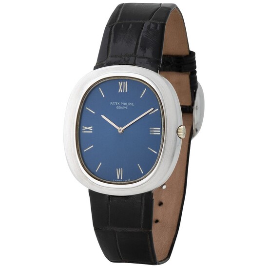 Patek Philippe. Iconic and Very Attractive Ellipse in White Gold, Reference 3589, With Blue Dial and Extract from Archives