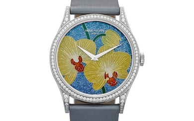 Patek Philippe Reference 5077 | A platinum and diamond-set wristwatch with cloisonné enamel dial, Circa 2012 | 百達翡麗 | 型號5077 | 鉑金鑲鑽石腕錶，備掐絲琺瑯錶盤，約2012年製