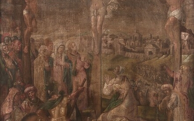Pays-Bas du Nord, XVIe siècle La CrucifixionTempera sur toile (Toile d'origine) (Tuschlein)Trace d'inscription en bas...