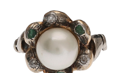 Pearl, diamonds and emeralds rosette ring, circa 1940.