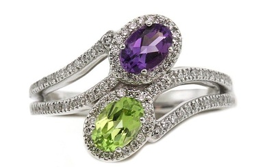 Peridot & Amethyst Oval Halo Duo Ring With Pave Split Shank In 14k White Gold (6x4mm)