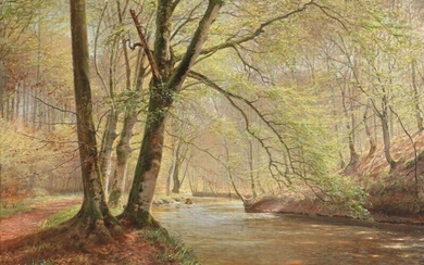 SOLD. Peter Busch: Sunlight in the tree tops on the bank of a stream. Signed P. Busch. Oil on canvas. 73 x 105 cm. – Bruun Rasmussen Auctioneers of Fine Art