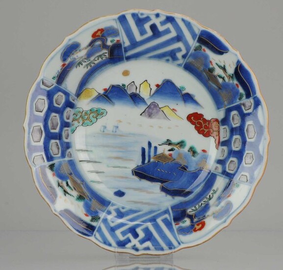 Plate - Blue and white - Porcelain - Colorfull Landscape Dish with mountains Boats Village - Japan - Late Edo period
