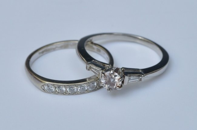 Platinum Diamond Engagement Ring and 14k Gold Diamond Wedding Band