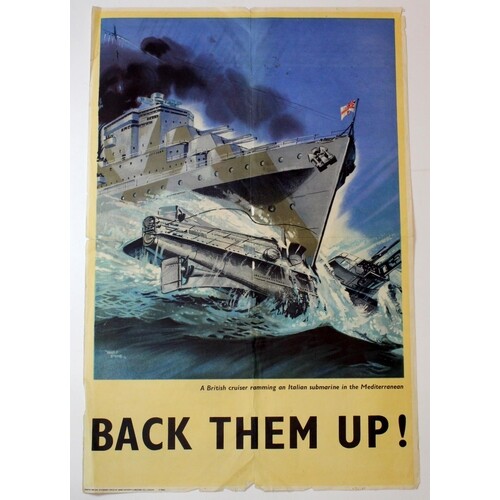 Poster WW2 - Back Them Up ! - A British cruiser ramming an I...