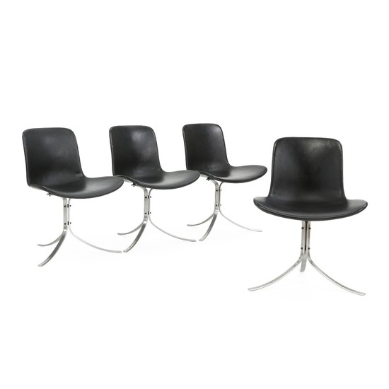 Poul Kjærholm: “PK-9”. A set of four chairs with frame of steel. Seat and back upholstered with black leather. Manufactured by Fritz Hansen. (4)