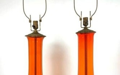 Pr Large Blenko Orange Glass Table Lamps. Matching glas