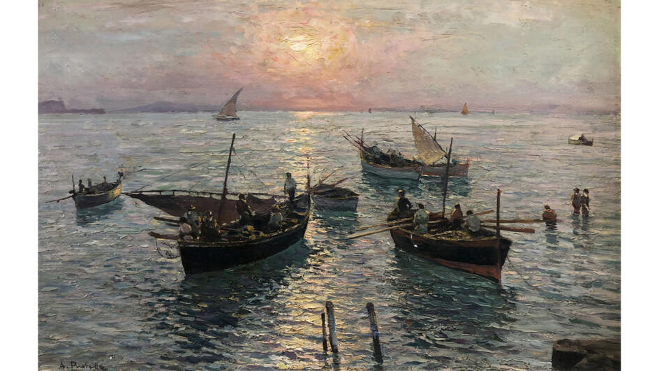 Pratella Attilio ( Lugo -RA 1856 – Napoli 1949 ), “Marina di Napoli al tramonto”