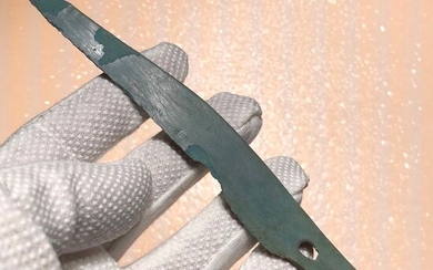 Prehistoric, Iron Age Bronze Rarely shaped Knife with a bigger handle coverd by natural ''emerald'' patina.