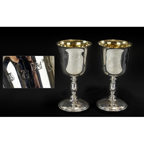 Preston Guild 1972 Pair of Sterling Silver Goblets with Gilt...