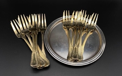 Puiforcat - Puiforcat- Small plates and 12 Pastry Forks Silver Gilt (13) - .950 silver, Silver gilt, Silverplate