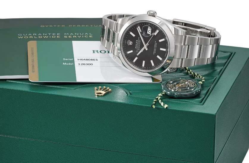 ROLEX. A STAINLESS STEEL AUTOMATIC WRISTWATCH WITH SWEEP CENTRE SECONDS, DATE, BRACELET, INTERNATIONAL GUARANTEE AND BOX, SIGNED ROLEX, OYSTER PERPETUAL, DATEJUST, DATEJUST 41 MODEL, REF. 126300, CASE NO. H64808E5, CIRCA 2018