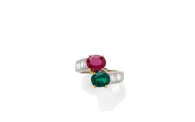 RUBY, EMERALD AND DIAMOND RING.