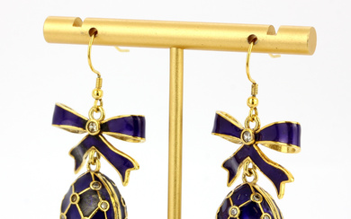 RUSSIAN SILVER ENAMELLED EGG AND BOW DROP EARRINGS.