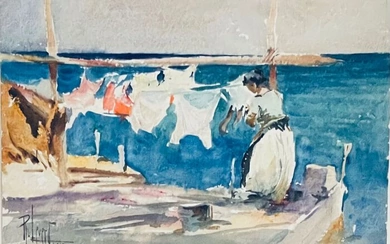 René Leverd (1872-1938) - Lavandière étendant son linge à Martigues
