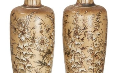 Robert Wallace Martin & Brothers, Pair of foxglove vases, September 1890, Stoneware, Each underside incised 09-1890/R W Martin & Brs/London & Southall, Each 34cm high Literature Malcolm Haslam, 'The Martin Brothers Potters', Richard Dennis, 1978...