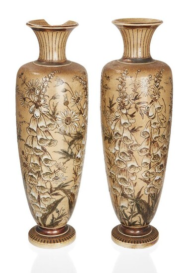 Robert Wallace Martin & Brothers, Pair of foxglove vases, September 1890, Stoneware, Each underside incised 09-1890/R W Martin & Brs/London & Southall, Each 34cm high Literature Malcolm Haslam, 'The Martin Brothers Potters', Richard Dennis, 1978...