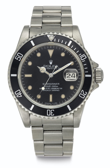 Rolex. A Fine Stainless Steel Automatic Wristwatch with Center Seconds, Date, and Bracelet, SIGNED ROLEX, OYSTER PERPETUAL DATE, SUBMARINER, 1000FT = 300M, SUPERLATIVE CHRONOMETER, OFFICIALLY CERTIFIED, REF. 16800, CASE NO. 8'495'269, CIRCA 1985