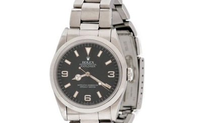 Rolex Explorer vintage wristwatch, men, stainless steel, d=37 mm / Men's vintage Rolex Explorer wristwatch, reference 14270, automatic movement. Black dial with Arab numerals. Original stainless steel bracelet and deployant type closure.