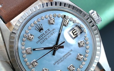 Rolex Mens Datejust Steel Blue Diamond Dial Leather Band 36Mm...