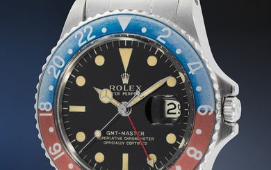 Rolex, Ref. 1675 A well-preserved and attractive stainless steel dual-time wristwatch with black lacquer gilt dial and bracelet
