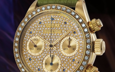 Rolex, Ref. 6269 An exceedingly exclusive and lavish diamond-set yellow gold chronograph wristwatch with sapphire-set numerals and presentation box
