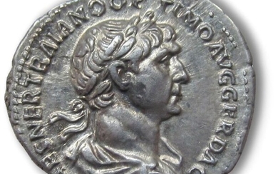 Roman Empire - AR denarius, Trajan / Trajanus. Rome 114-117 A.D. - P M TR P COS VI P P SPQR, Felicitas standing left - Silver