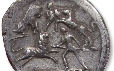 Roman Republic (Imperatorial). L. Livineius Regulus, 42 BC. Denarius Rome mint - gladiators versus animals scene - scarce