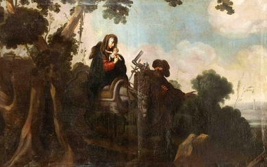 Roman school of the 18th century, the holy family on the flight to Egypt. Scene embedded in an