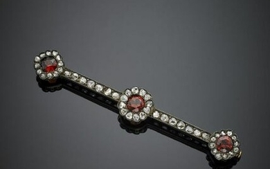 Rose cut diamond and garnet silver and gold bar brooch