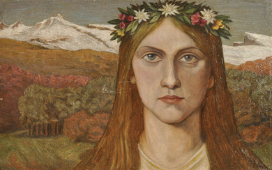 Rossi E. La Regina delle Alpi, 1900 ca.;Olio su cartone, 26,5 x 41,5 cm Firmato