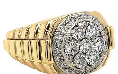 Round Natural Diamond Cluster Mens Ring in 18K Gold Ribbed Shank