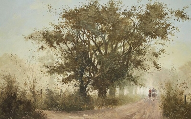 Roy Perry RI, British 1935-1993- Dorset Lane with a Hunt in the background; gouache on paper, signed lower right 'Roy Perry', 44 x 63.5 cm (ARR)