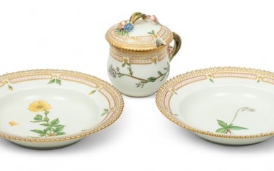Royal Copenhagen (Danish) Flora Danica Porcelain Fruit Bowls & Mustard/Custard Cup, H 3.25" W 2.5" L