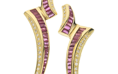 Ruby, Diamond, Gold Earrings Stones: Baguette-cut rubies weighing a...