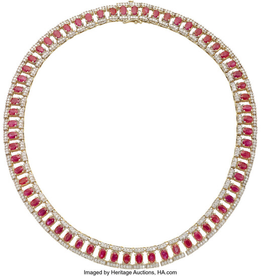 Ruby, Diamond, Gold Necklace Stones: Oval-shaped rubies weighing a...